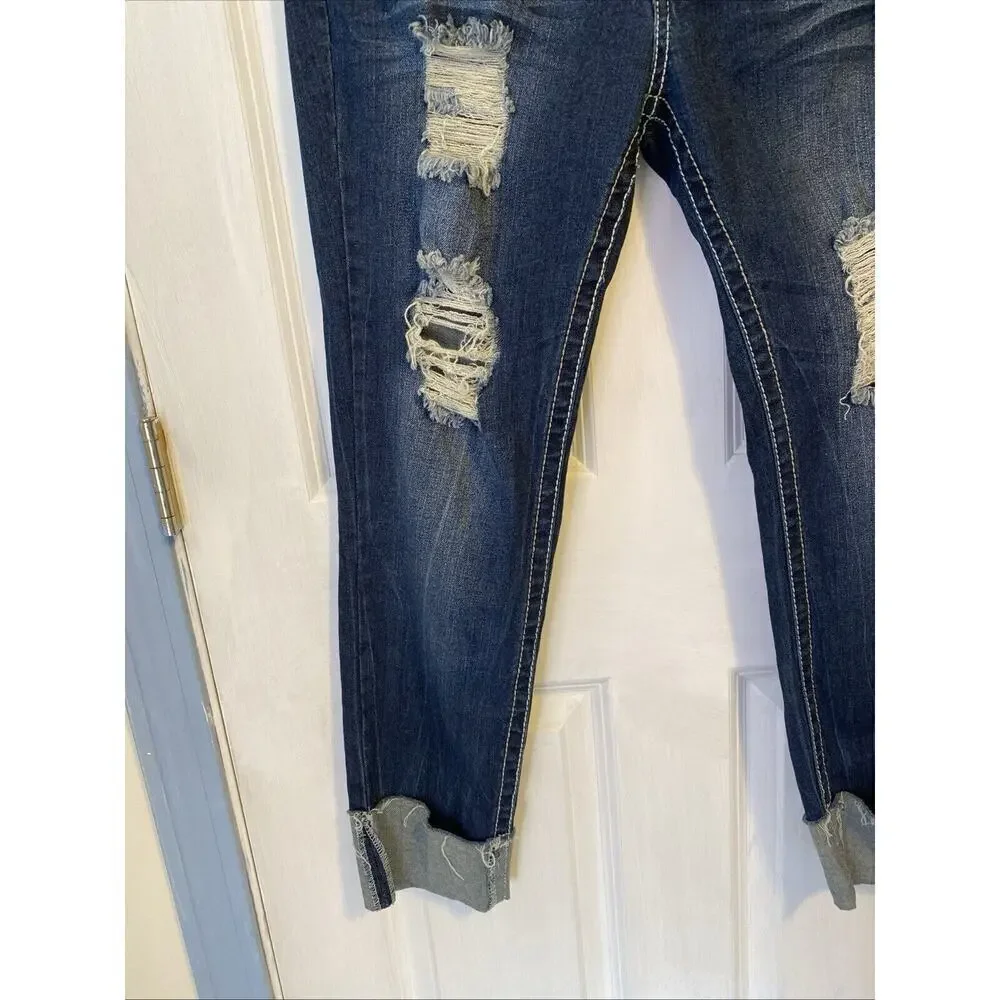 Almost Famous Jeans Women Sz 11 Stretch Distressed Blue Low Rise Cuffed Hem